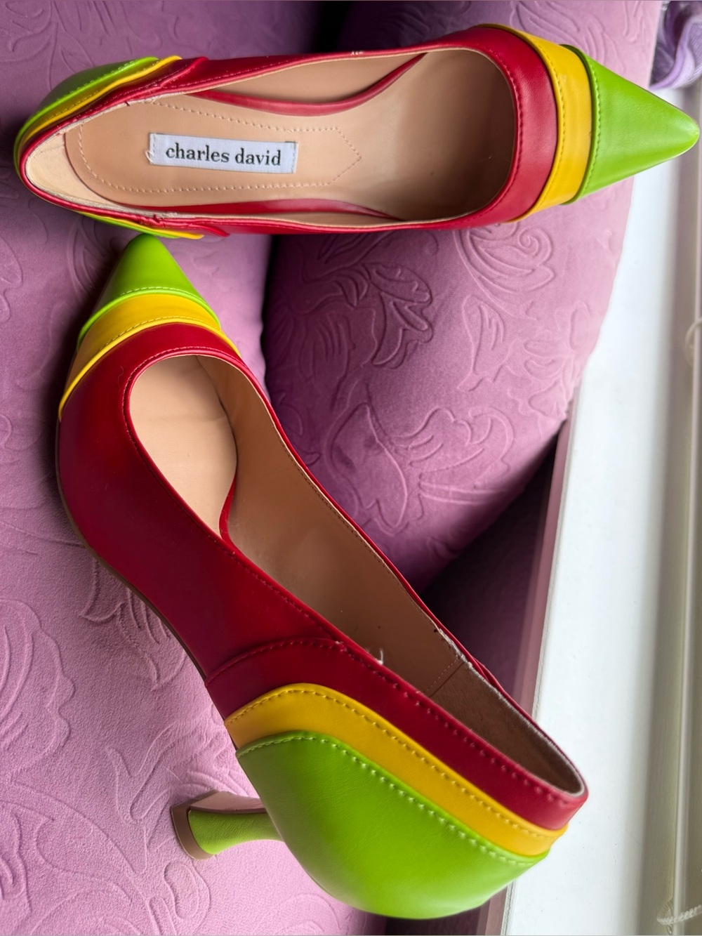 Charles David Red, Yellow & Neon Green Colorblock Pointed-Toe Pumps